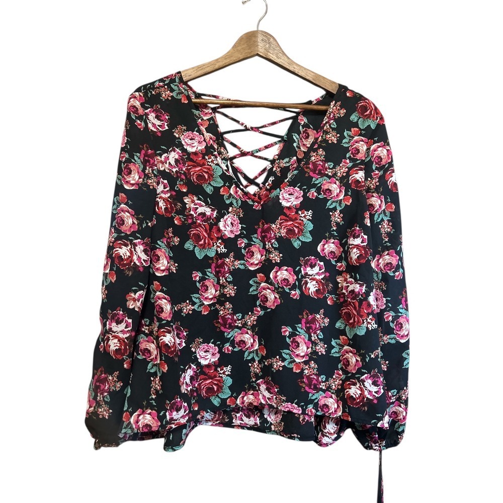 BB Dakota Black‎ Floral Lace Up V Neck Long Sleeve Blouse Top Women's Medium